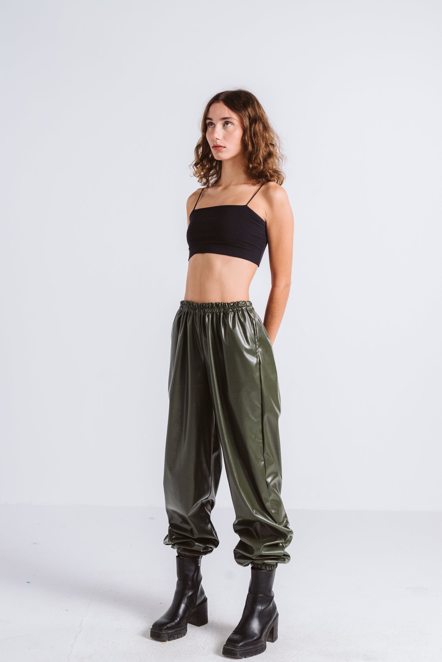 Olive parachute leather pants