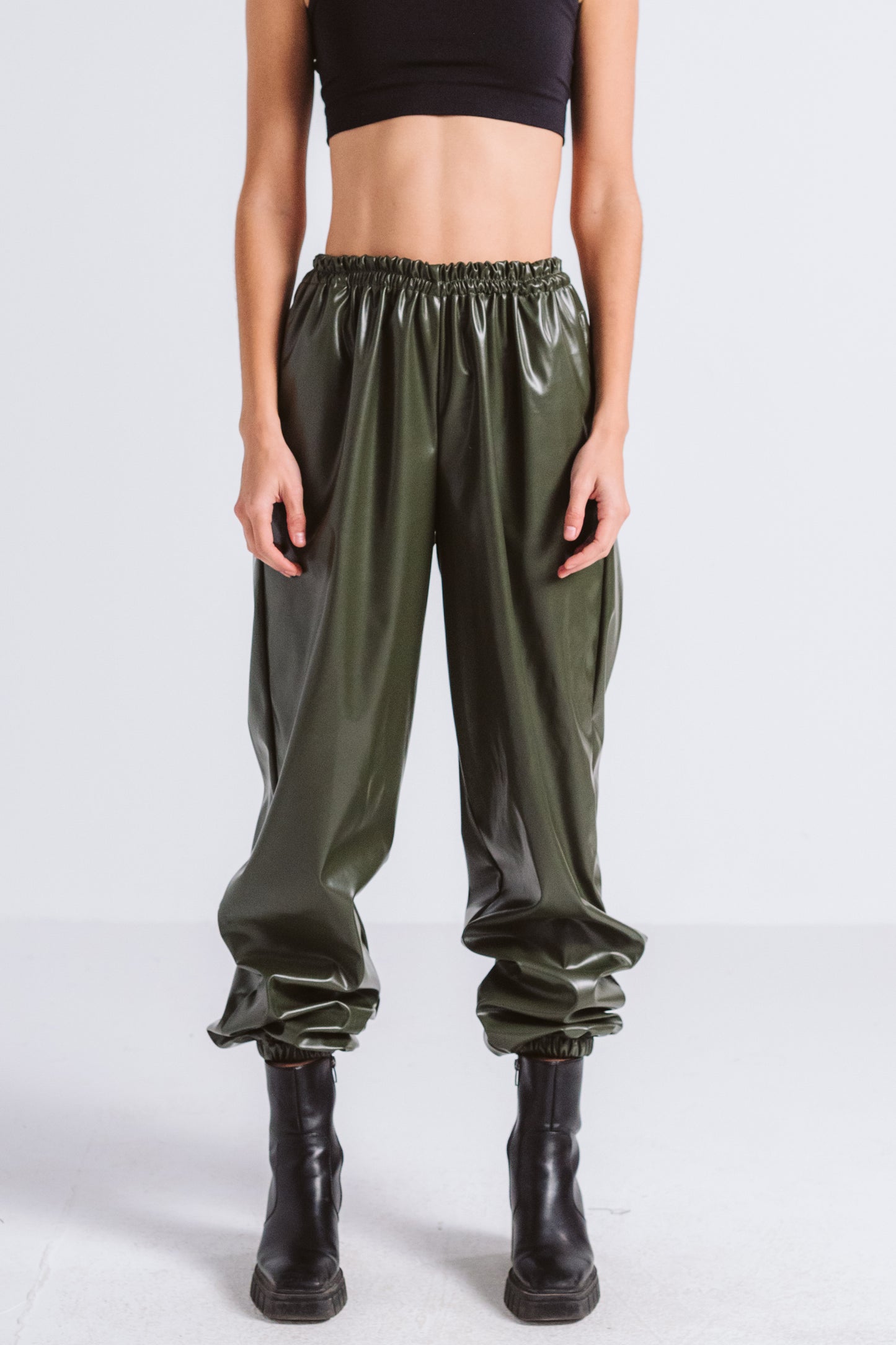 Olive parachute leather pants