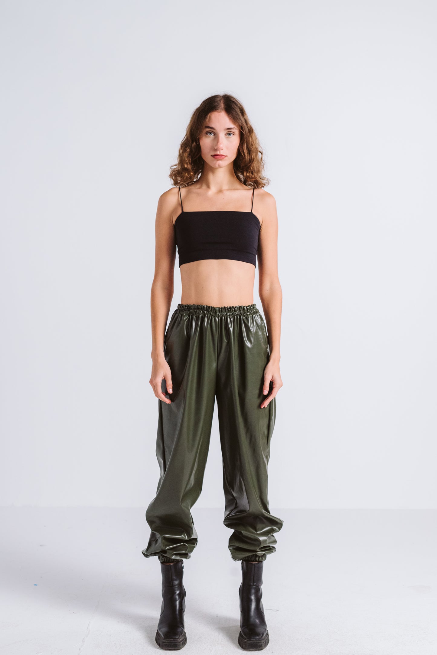 Olive parachute leather pants